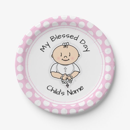 Cute Baptism 7-inch Bord - Baby Girl met Rosary (Voorkant)