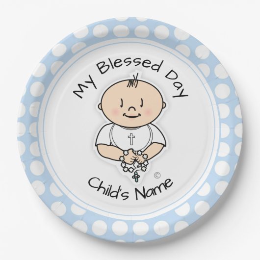 Cute Baptism 9-inch Bord - Baby Boy met Rosary (Voorkant)