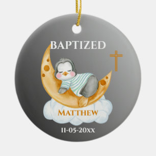 Cute Baptism Baby Penguin and Moon Keramisch Ornament