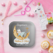 Cute Baptism Baby Penguin and Moon Papieren Bordje (Feest)