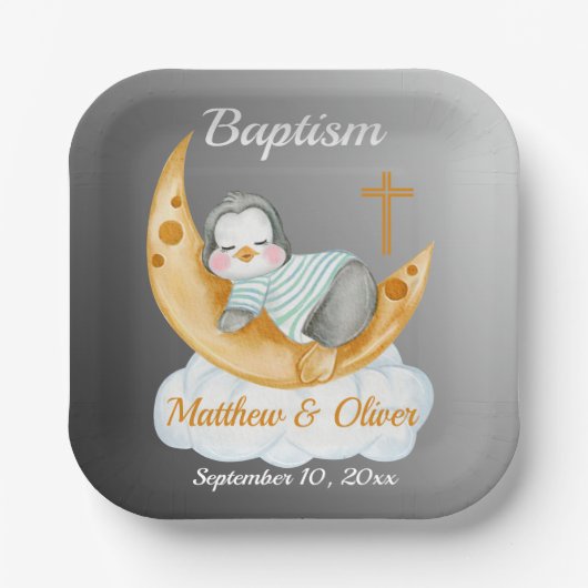 Cute Baptism Baby Penguin and Moon Papieren Bordje (Voorkant)