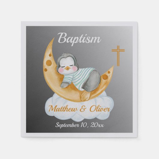 Cute Baptism Baby Penguin and Moon Servet (Voorkant)