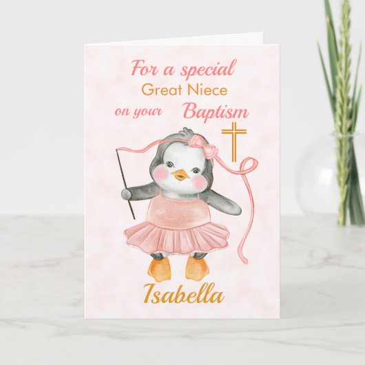 Cute Baptism Penguin Ballerina Roze Kaart (Voorkant)