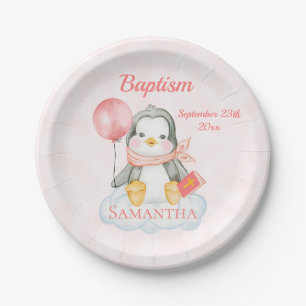Cute Baptism Waterverf Baby Penguin Pink Papieren Bordje