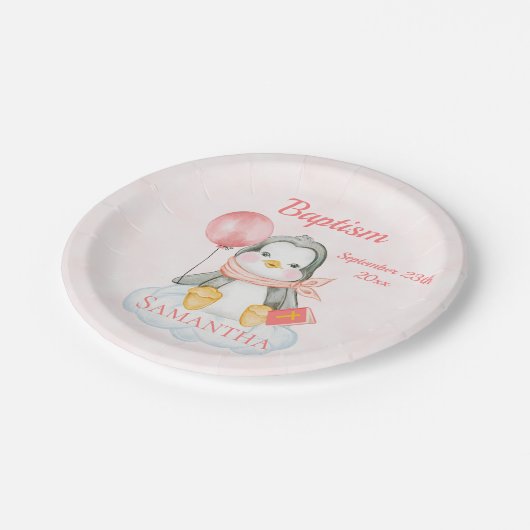 Cute Baptism Waterverf Baby Penguin Pink Papieren Bordje (Gekanteld)