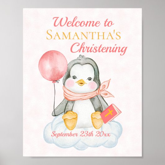 Cute Baptism Waterverf Baby Penguin Pink Welkom Poster (Voorkant)