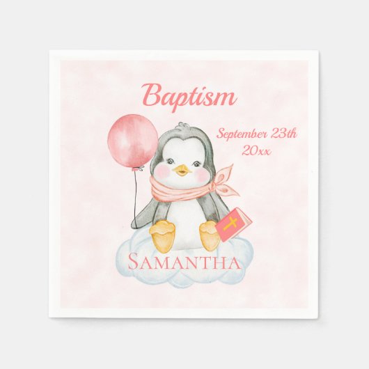 Cute Baptism Waterverf Baby Pinguin Roze papier Servet (Voorkant)
