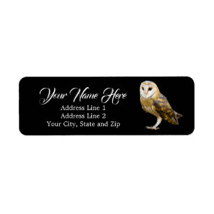 Cute Barn Owl Black Return Address Etiket
