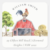 Cute Barn Rooster Boerderij Waterverf Kinder Adres Vierkante Sticker (Voorkant)