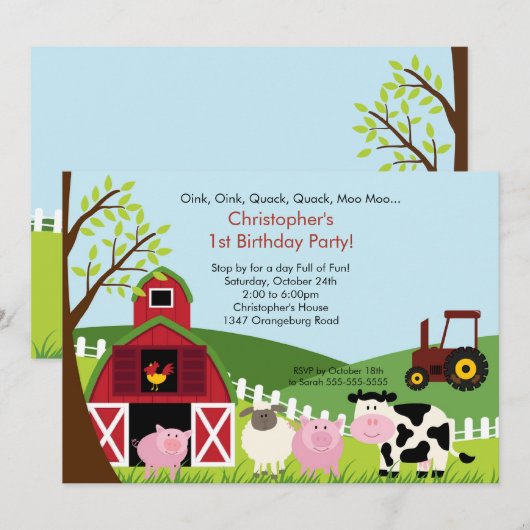 Cute Barnyard Animal Fun Birthday Party Kaart (Voorkant / Achterkant)