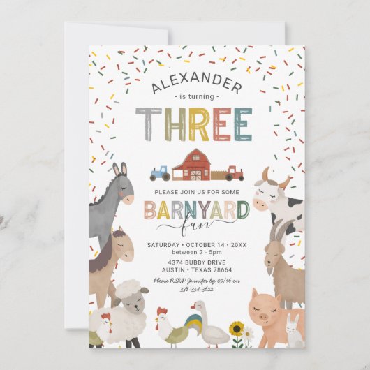 Cute Barnyard Boerderij 3rd Birthday Invitation Kaart (Voorkant)