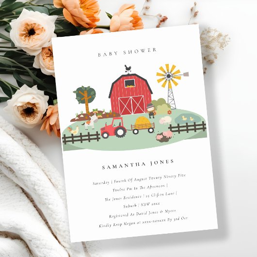 Cute Barnyard Boerderij Animal Baby shower Invite Bedankkaart