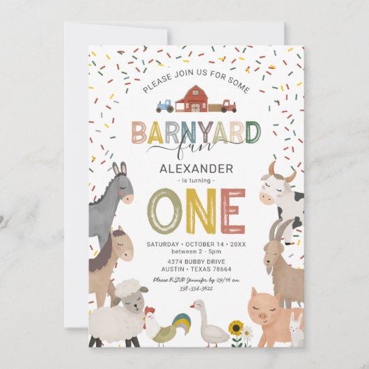 Cute Barnyard Boerderij First Birthday Invitation Kaart (Voorkant)