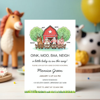 Cute Barnyard Farm Animal Baby Shower  Kaart