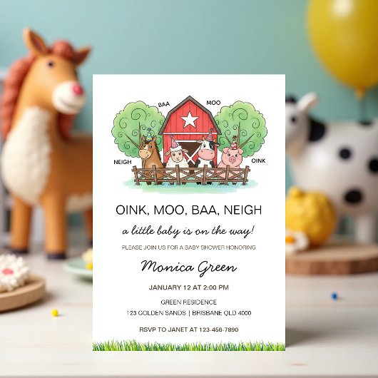 Cute Barnyard Farm Animal Baby Shower Kaart