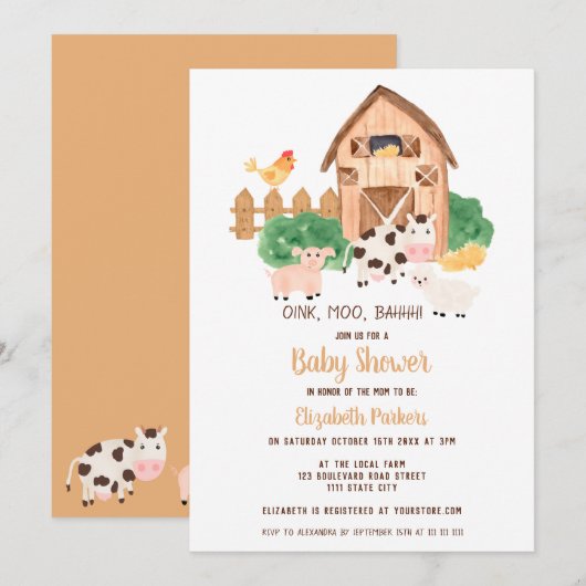 Cute barnyard farm-neutraal baby shower kaart (Voorkant / Achterkant)