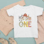 Cute Barnyard First Birthday Baby T-Shirt<br><div class="desc">Schudwergfeest voor de eerste verjaardag met schattige landbouwhuisdieren,  zoals een koe,  geit,  varken,  schaap,  ezelaar,  paard,  konijn,  eend en rooster,  de leeftijd van het kind en de kinder naam in een elegant scriptlettertype.</div>