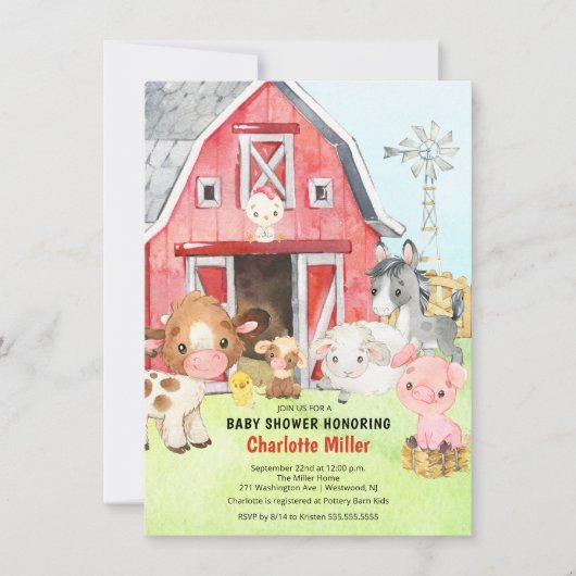 Cute Barnyard Friends Baby shower Invitation Kaart (Voorkant)
