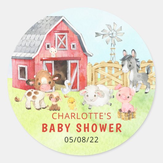 Cute Barnyard Friends Baby shower Ronde Sticker (Voorkant)