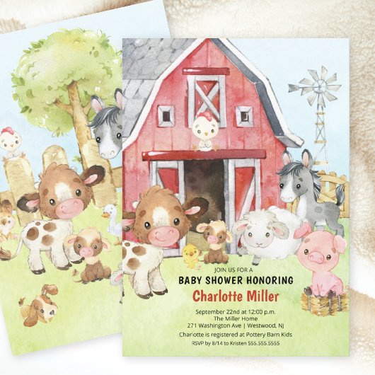 Cute Barnyard Friends Baby Shower Uitnodiging