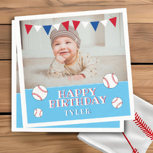 Cute Baseball Blue Kinder Photo Birthday Party Servet