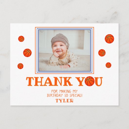 Cute Basketball Birthday Bedankt voor je foto Uitnodiging Briefkaart (Voorkant)