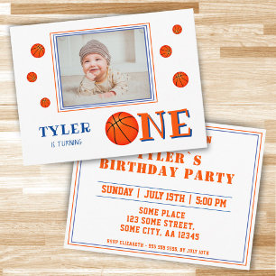 Cute Basketball Foto 1st Birthday Uitnodiging Briefkaart