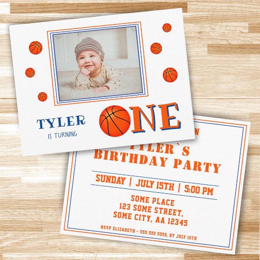 Cute Basketball Foto 1st Birthday Uitnodiging Briefkaart
