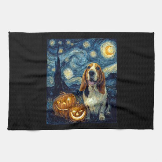 Cute Basset Hound Dog Halloween Jack O Lantern Pum Theedoek (Horizontaal)
