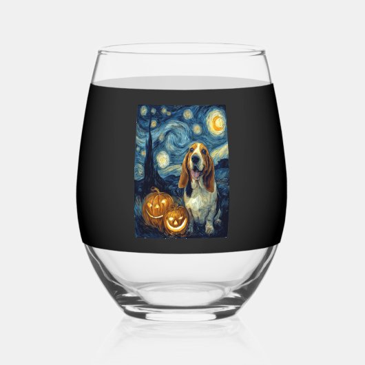 Cute Basset Hound Dog Halloween Jack O Lantern Pum Wijnglas Zonder Voet (Voorkant)