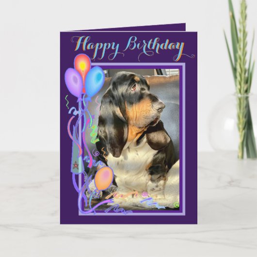 Cute Basset Hound on Funny Birthday Card W/Ballon Kaart (Voorkant)