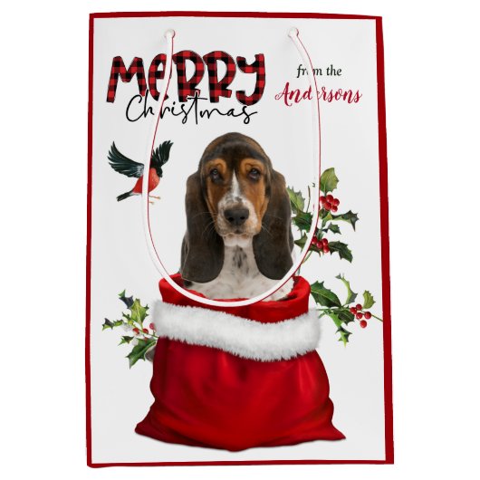 Cute Basset Hound Puppy Dog Kerstmis Medium Cadeauzakje (Voorkant)