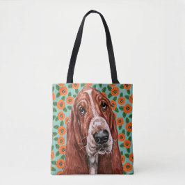 Cute Basset Hound Red Poppy Flower Pattern Tote Bag