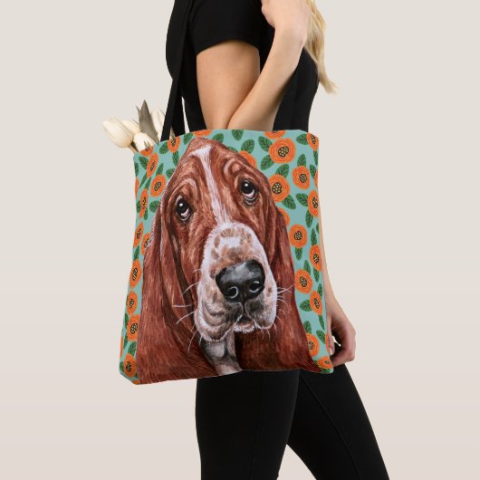 Cute Basset Hound Red Poppy Flower Pattern Tote Bag (Dichtbij)