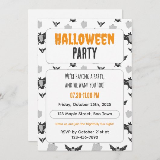 Cute Bat and Ghost Halloween Invitation. Kaart (Voorkant / Achterkant)
