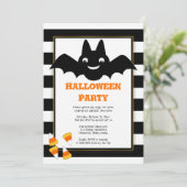 Cute Bat BW Stripes Candy Corn Halloween Party Inv Kaart (Staand voorkant)