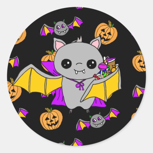 Cute Bat Holding Halloween Snoep Ronde Sticker (Voorkant)