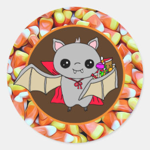 Cute Bat Holding Halloween Snoep Ronde Sticker
