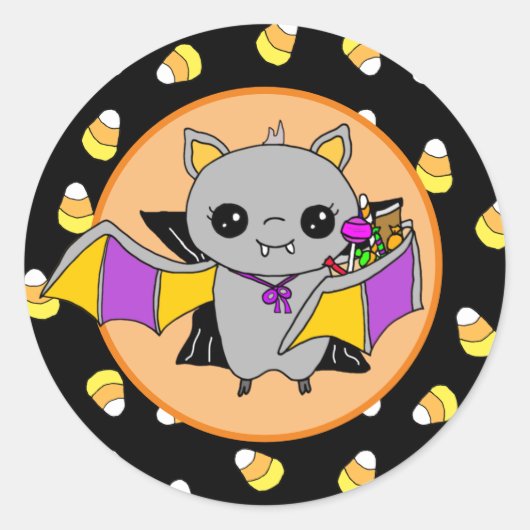Cute Bat Holding Halloween Snoep Ronde Sticker (Voorkant)