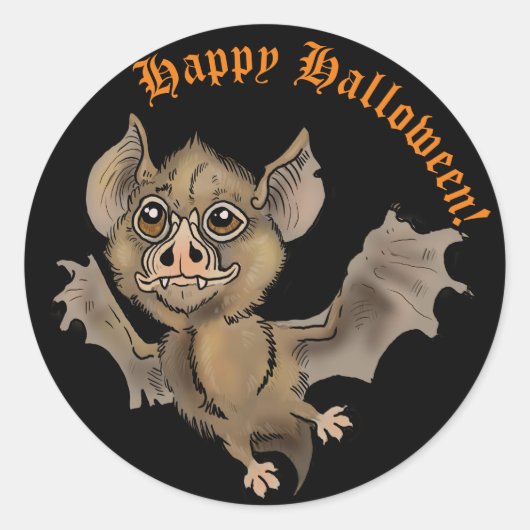 Cute Bat met Fangs Happy Halloween Ronde Sticker (Voorkant)