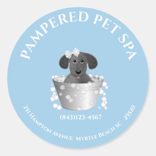 Cute Bathtub Pet Groomer Address Ronde Sticker (Voorkant)