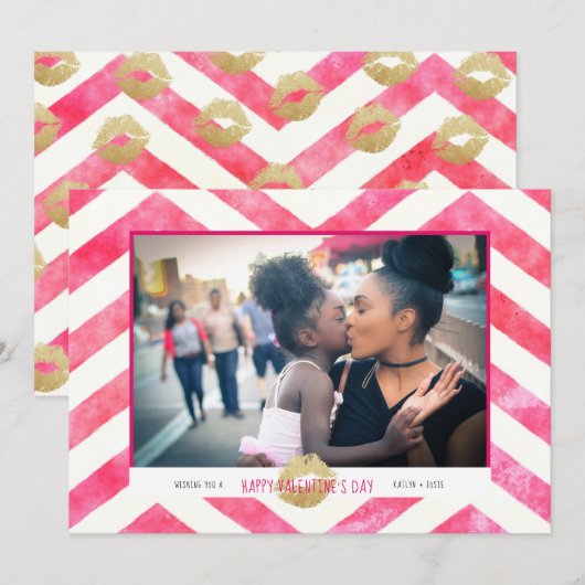 Cute be roze Chevron Gold Kisses Valentijnsdag Feestdagenkaart (Voorkant / Achterkant)