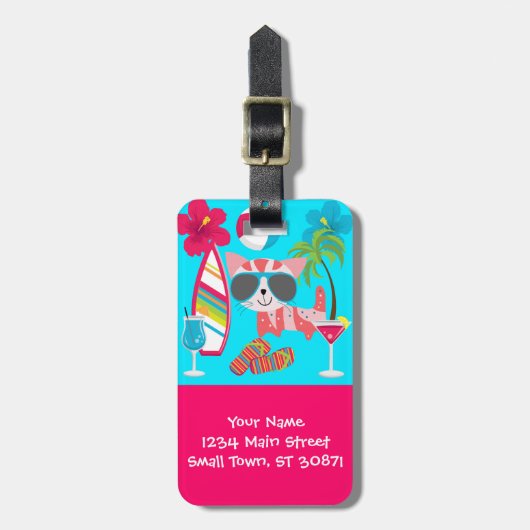Cute Beach Bum Kitty Cat Zonnebril Strandbal Bagagelabel (Voorkant verticaal)