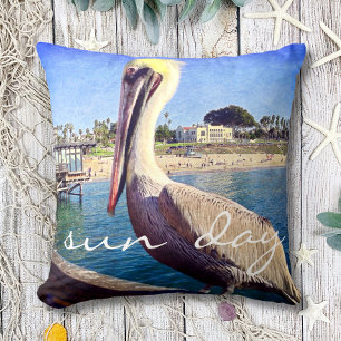 Cute Beach Pier Pelican Bird Photo Sun Day Quote Kussen