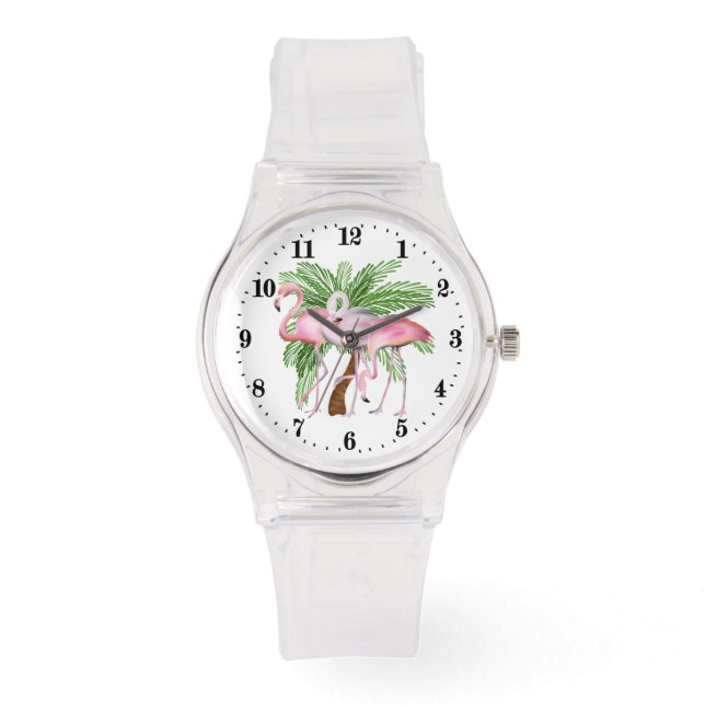 Cute Beach roze flamingo Horloge (Voorkant)