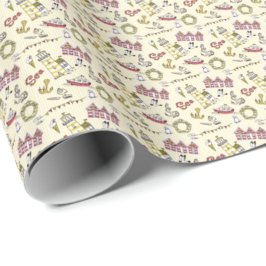 Cute Beach Scene Pattern Cadeaupapier (Rol Hoek)