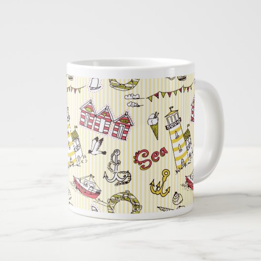Cute Beach Scene Pattern Grote Koffiekop (Voorkant rechts)