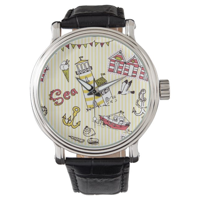 Cute Beach Scene Pattern Horloge (Voorkant)
