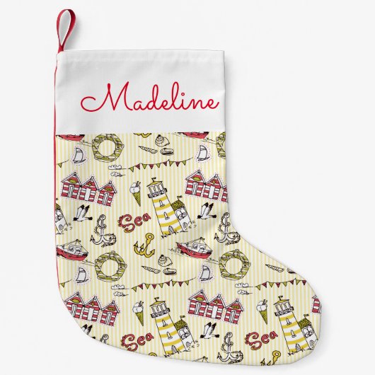 Cute Beach Scene Pattern | Jouw namen toevoegen Kleine Kerstsok (Voorkant)