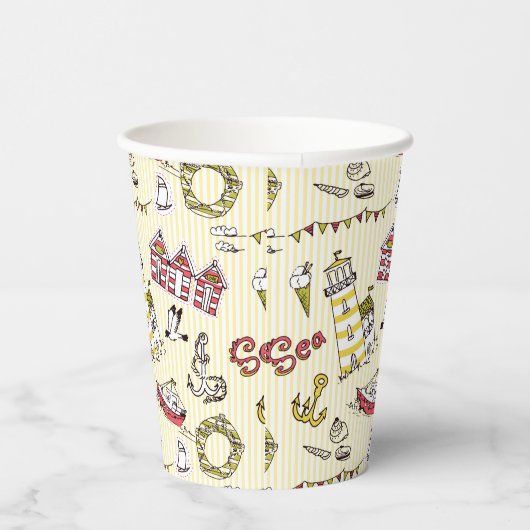 Cute Beach Scene Pattern Papieren Bekers (Rechts)